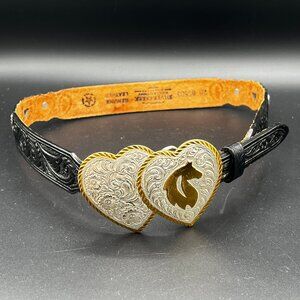 CRUMRINE Double Heart's Abstract Horse Head Western Belt Buckle w/ Black Belt 28